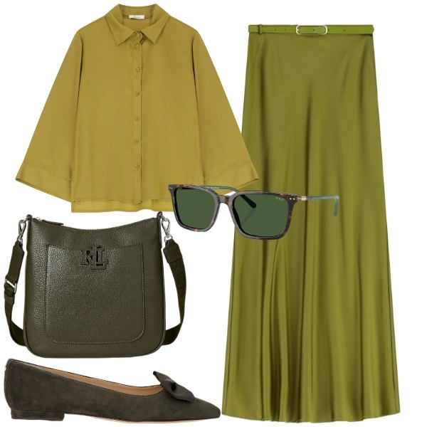 Outfit donna - Verde oliva in varie sfumature. Stile Bon Ton per Ufficio. Abbinamento con gonne lunghe, camicie, ballerine, occhiali da sole, borse a tracolla.