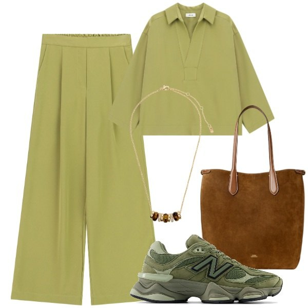 Outfit donna - Minimal a settembre. Stile Minimal per Tutti i giorni. Abbinamento con sneakers, pantaloni a palazzo, camicie, collane, borse tote.