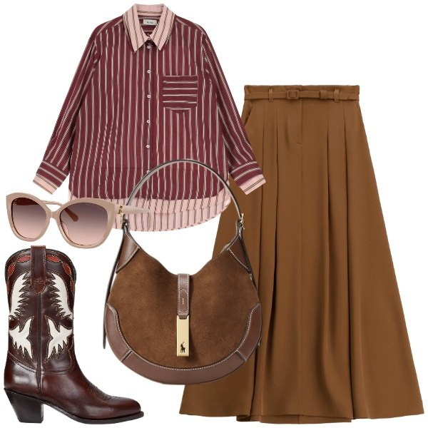 Outfit donna - Ispirazione west. Stile Etnico per Tutti i giorni. Abbinamento con gonne lunghe, camicie, stivali, occhiali da sole, borse a spalla.