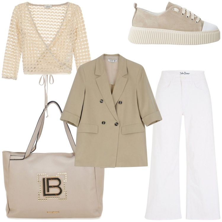 Outfit donna - Work wear in beige. Stile Casual chic per Ufficio. Abbinamento con jeans, blazer, sneakers, top, borse a spalla.