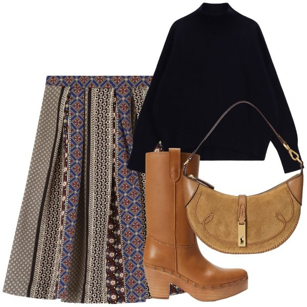 Outfit donna - Ispirazione west. Stile Etnico per Tutti i giorni. Abbinamento con gonne, maglieria, borse a spalla, stivali.