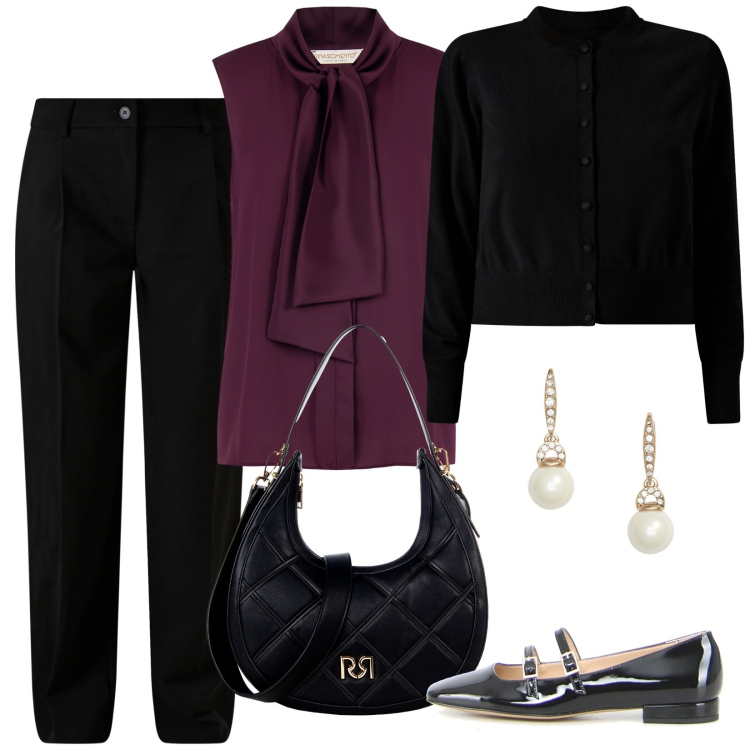 Outfit donna - Nuova collezione. Stile Casual chic per Ufficio. Abbinamento con top, cardigans, borse a tracolla, pantaloni, orecchini, ballerine.