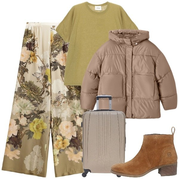 Outfit donna - Flower power. Stile Etnico per Tutti i giorni. Abbinamento con bomber, pantaloni a palazzo, maglieria, valigie, stivaletti.