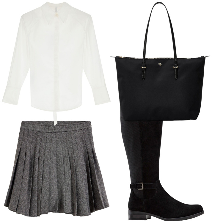 Outfit donna - Stile college. Stile Casual per Tutti i giorni. Abbinamento con stivali, minigonne, camicie, borse tote.