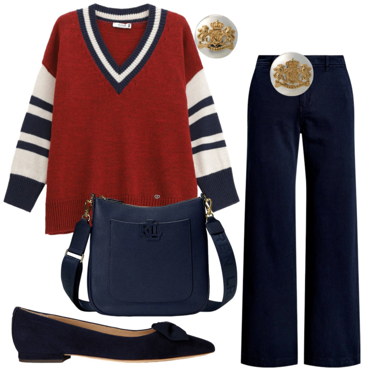 Outfit donna - Total look #2238715. Stile Casual chic per Ufficio. Abbinamento con maglieria, orecchini, pantaloni, ballerine, borse a tracolla.