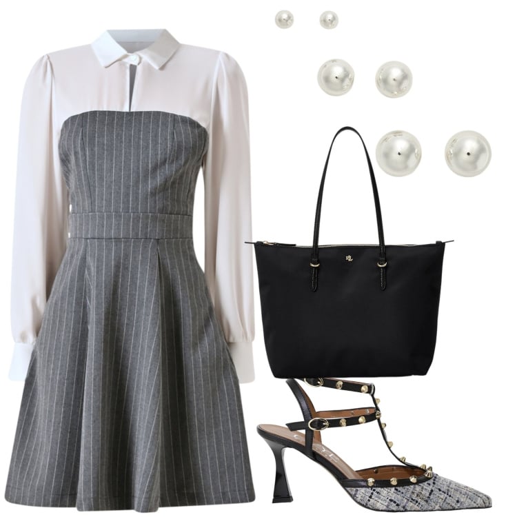 Outfit donna - Pranzo aziendale. Stile Bon Ton per Ufficio. Abbinamento con vestiti corti, décolleté, borse tote, orecchini.