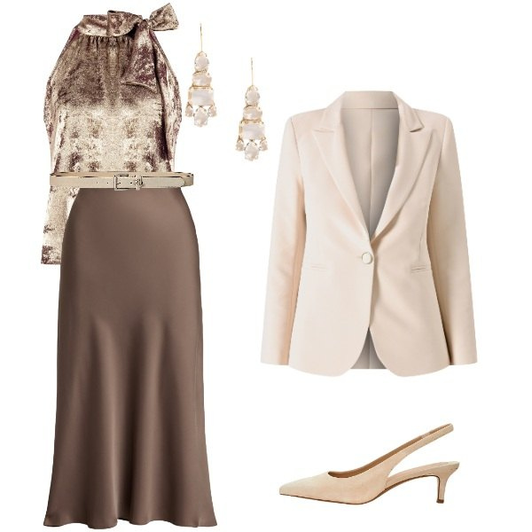 Outfit donna - gonna midi. Stile Casual chic per Serata fuori. Abbinamento con blazer, top, décolleté, gonne, orecchini, cinture.