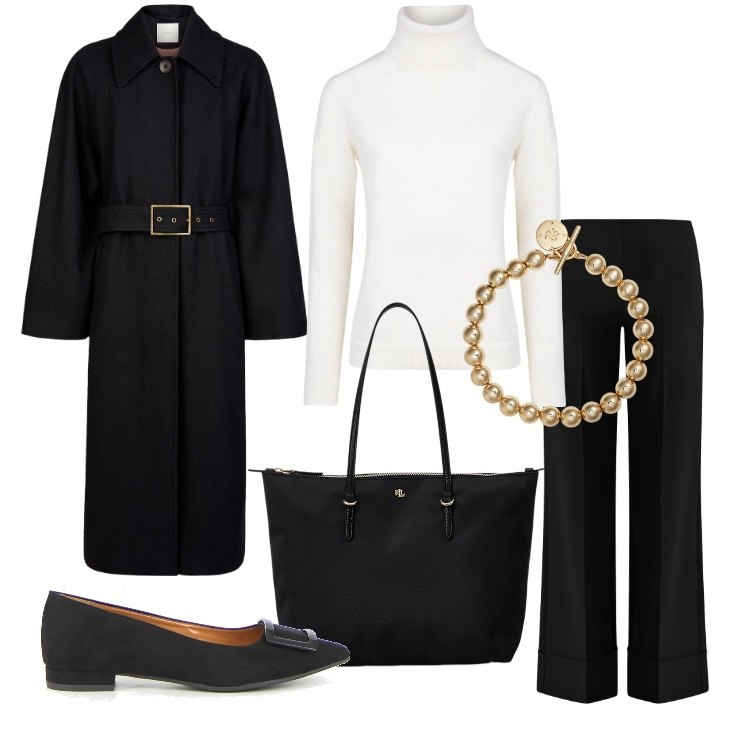 Outfit donna - Minimal chic autunnale Donna Curvy. Stile Minimal per Tutti i giorni. Abbinamento con pantaloni a palazzo, braccialetti, borse tote, cappotti, maglieria, ballerine.