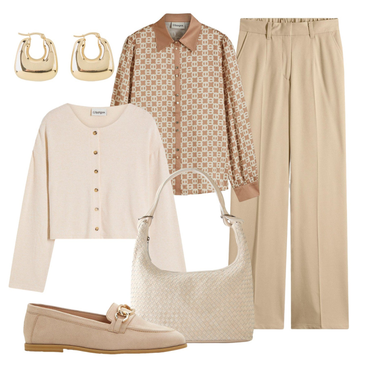 Outfit donna - Must have: colori neutri. Stile Glamour per Ufficio. Abbinamento con pantaloni, cardigans, orecchini, shopping bag, bluse, mocassini.