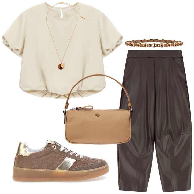 Outfit donna - Total look #2238727. Stile Glamour per Tutti i giorni. Abbinamento con cinture, camicie a manica corta, pantaloni, pochette, collane, sneakers.