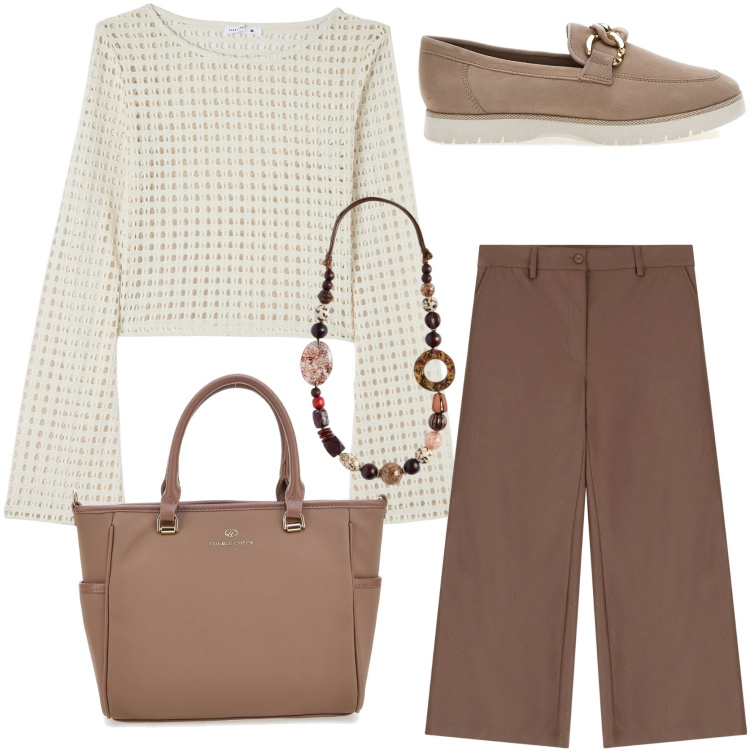 Outfit donna - Last summer. Stile Casual chic per Tutti i giorni. Abbinamento con maglieria, pantaloni, mocassini, collane, borse a tracolla.