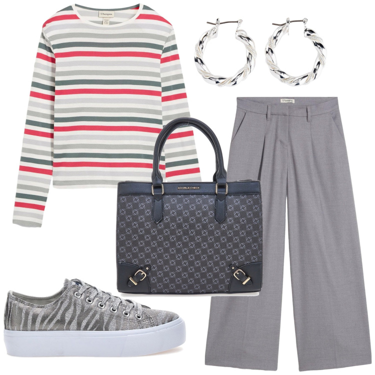 Outfit donna - Total look #2238732. Stile Basic per Tutti i giorni. Abbinamento con pantaloni, orecchini, maglieria, sneakers, borse a tracolla.
