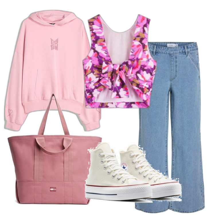 Outfit mujer - Sporty chic #2915. Estilo Sporty chic para Escuela/Universidad. Combinación con vaqueros rectos, top, bolso tote, sneakers, sudaderas.