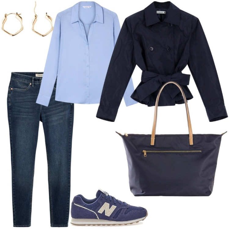 Outfit donna - Giro in centro. Stile Casual chic per Tutti i giorni. Abbinamento con jeans skinny, shopping bag, orecchini, camicie, blazer, sneakers.