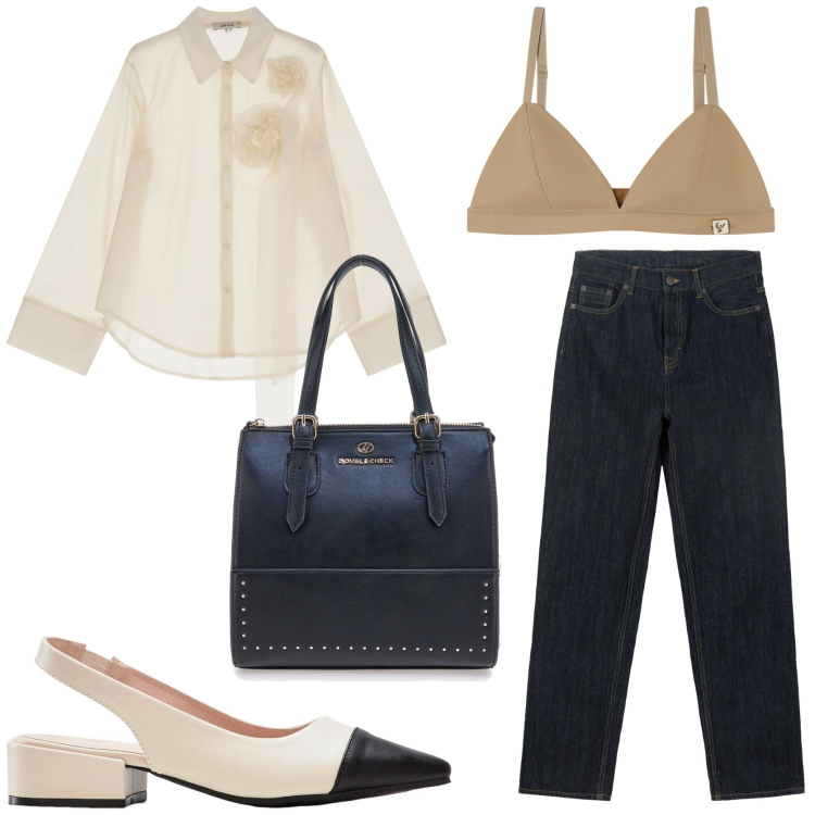 Outfit donna - Denim sofisticato. Stile Chic per Serata fuori. Abbinamento con décolleté, reggiseni, camicie, borse a mano, jeans dritti.