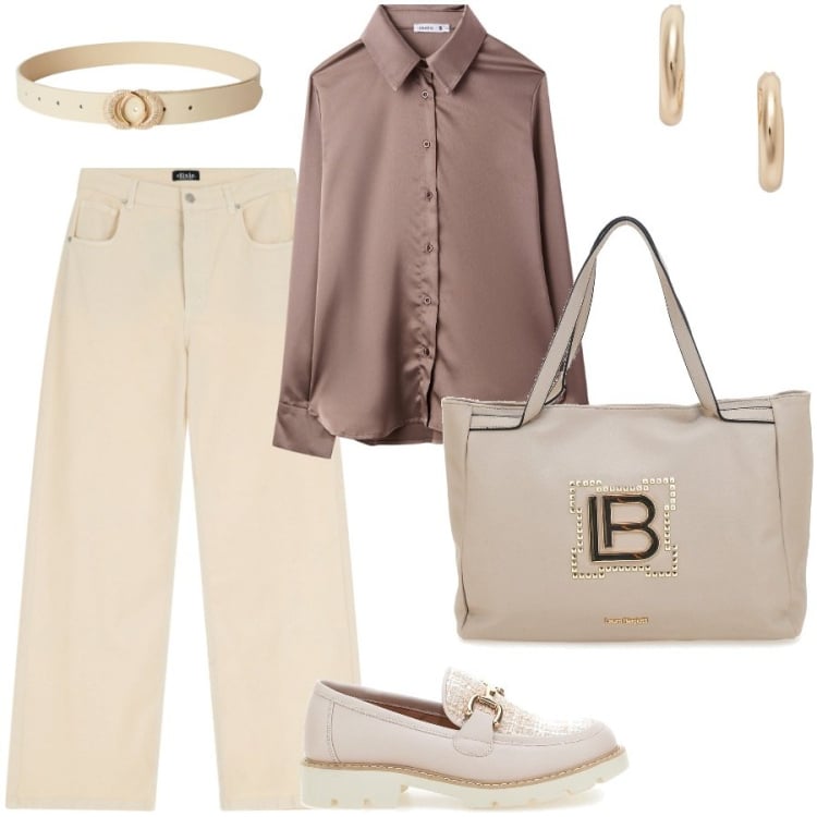 Outfit donna - Lavoro. Stile Casual per Ufficio. Abbinamento con camicie, cinture, jeans, orecchini, borse a spalla, mocassini.