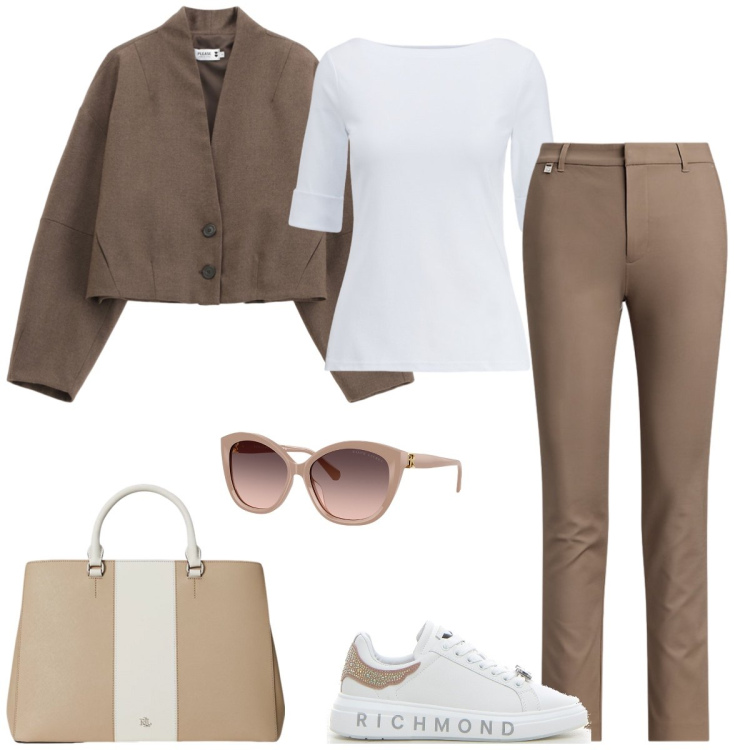 Outfit donna - Total look #2238739. Stile Minimal per Tutti i giorni. Abbinamento con blazer, t-shirt, pantaloni, borse a mano, occhiali da sole, sneakers.