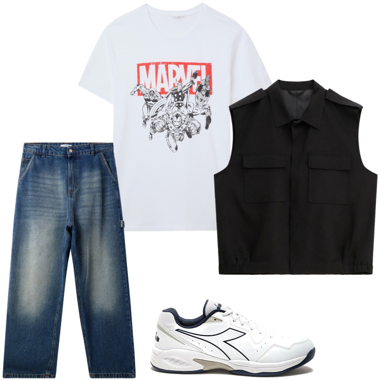 Outfit uomo - Giltet urbano. Stile Trendy per Tutti i giorni. Abbinamento con t-shirt, jeans, gilet, sneakers.