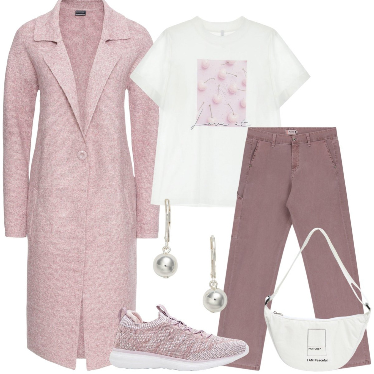 Outfit donna - Total look #2238748. Stile Casual per Tutti i giorni. Abbinamento con cappotti, sneakers, marsupi, jeans dritti, t-shirt, orecchini.