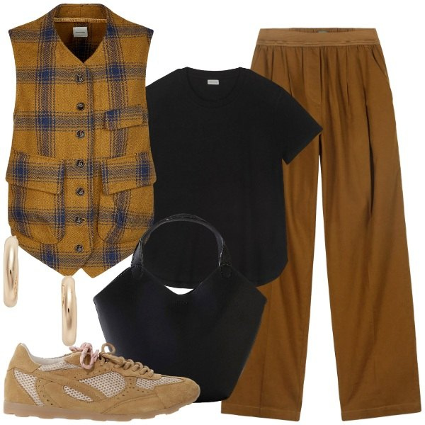 Outfit donna - Il gilet check. Stile Casual chic per Tutti i giorni. Abbinamento con borse a mano, sneakers, orecchini, gilet, pantaloni, t-shirt.
