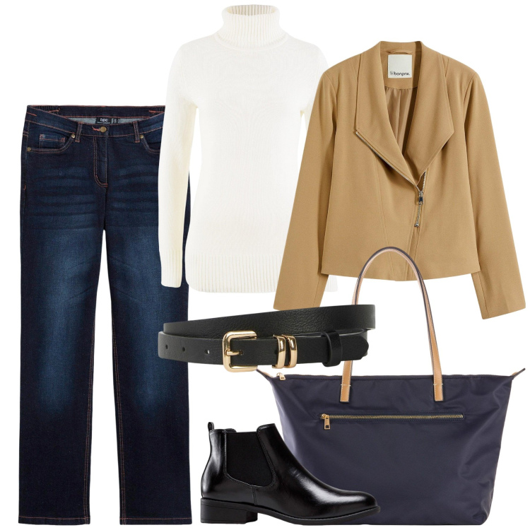Outfit donna - Bonprix - Must have autunnali. Stile Casual chic per Tutti i giorni. Abbinamento con jeans dritti, maglieria, stivaletti chelsea, cinture, shopping bag, bomber.