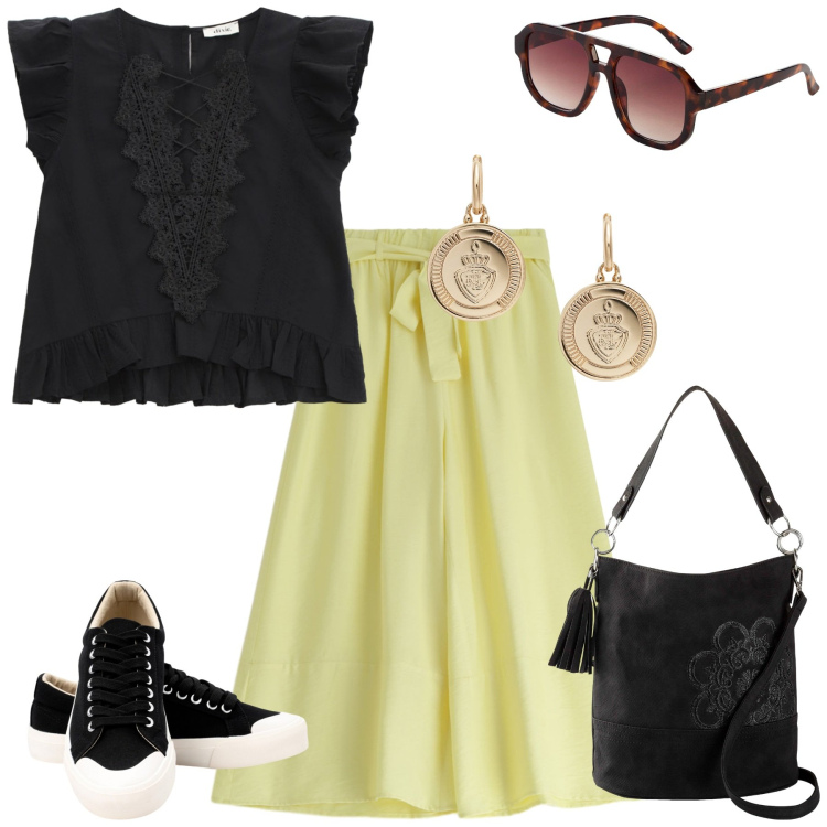 Outfit donna - Vacanza a settembre. Stile Casual per Mare. Abbinamento con borse a mano, occhiali da sole, pantaloni, top, orecchini, sneakers.