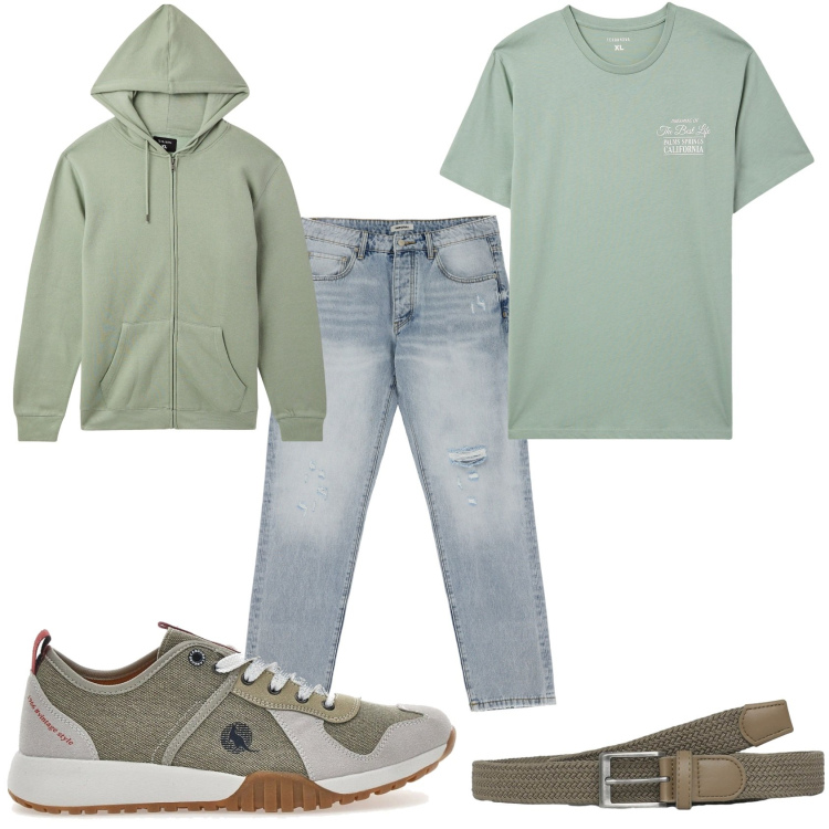 Outfit uomo - Felpa verde malva e jeans. Stile Casual per Tutti i giorni. Abbinamento con felpe con cappuccio, t-shirt, cinture, jeans strappati, sneakers.