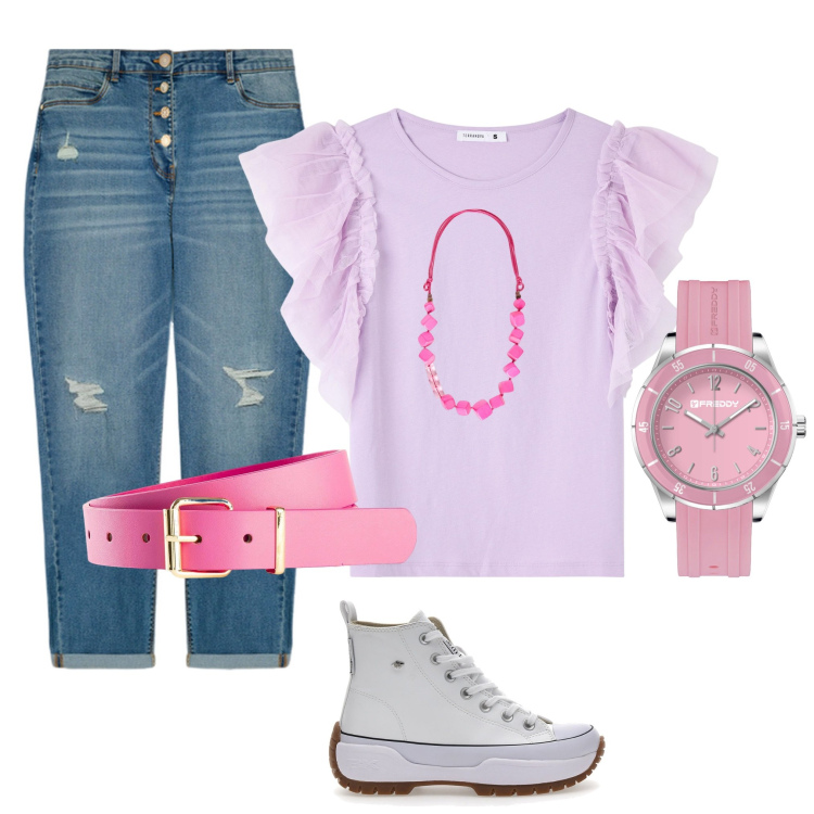 Outfit donna - Passeggiata in centro. Abbinamento con cinture, t-shirt, orologi, sneakers, jeans strappati, collane.