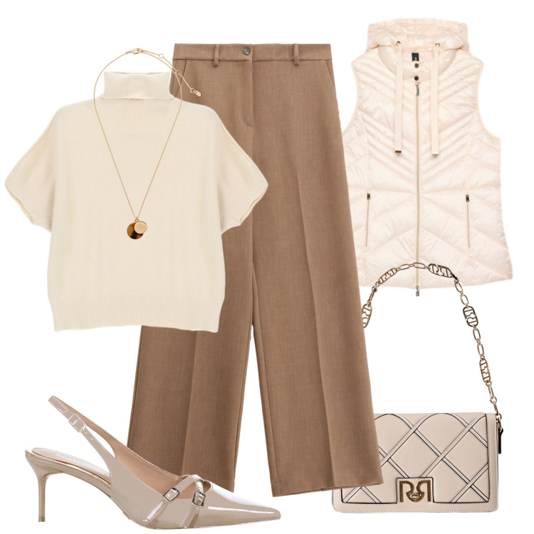 Outfit donna - Minimal chic al lavoro. Stile Casual chic per Ufficio. Abbinamento con borse a tracolla, décolleté, pantaloni, maglieria, collane, piumini.