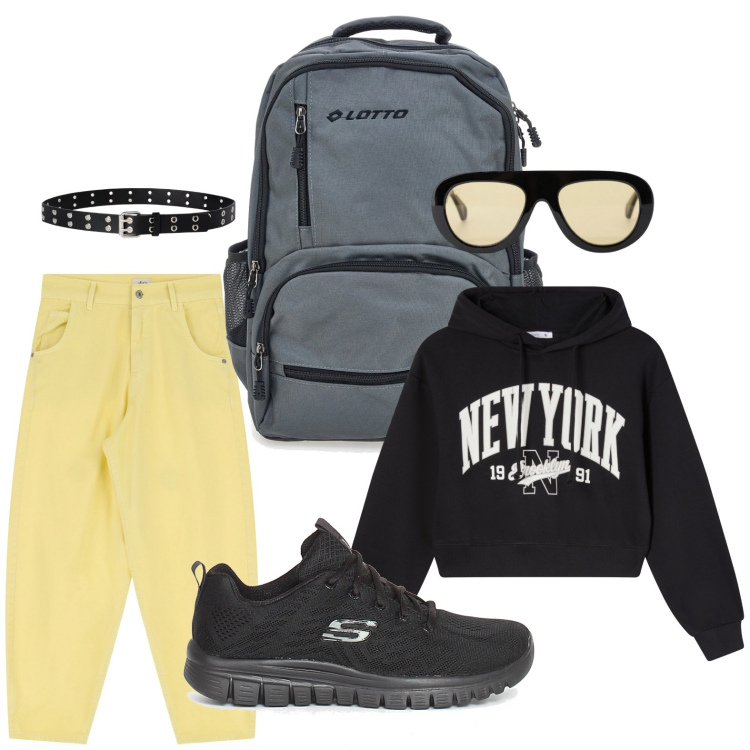 Outfit donna - Outfit per la scuola a settembre. Stile Casual per Scuola/Università. Abbinamento con cinture, felpe con cappuccio, occhiali da sole, jeans, zaini, sneakers.
