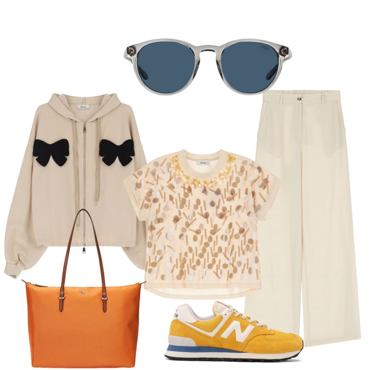 Outfit donna - Passeggiata sul lungomare a settembre. Stile Casual chic per Mare. Abbinamento con sneakers, felpe con cappuccio, t-shirt, pantaloni, occhiali da sole, borse tote.