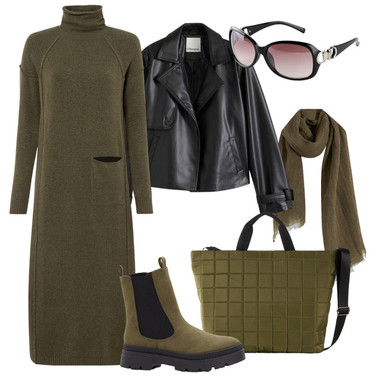 Outfit donna - Look urbano must have. Stile Urban per Tutti i giorni. Abbinamento con vestiti, stivaletti chelsea, shopping bag, trench, occhiali da sole, sciarpe.