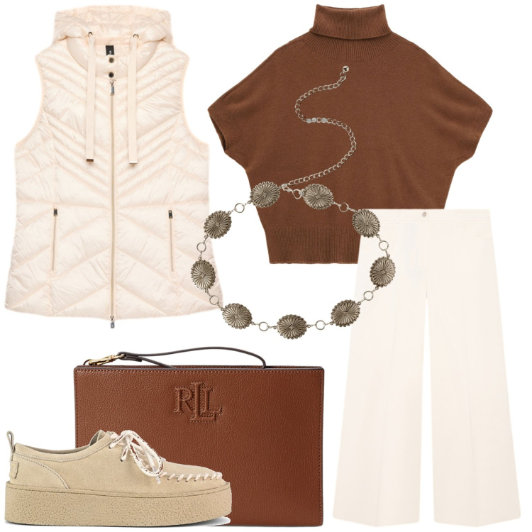 Outfit donna - Minimal chic autunnale. Stile Bon Ton per Tutti i giorni. Abbinamento con cinture, maglieria, pochette, pantaloni a palazzo, piumini, mocassini.