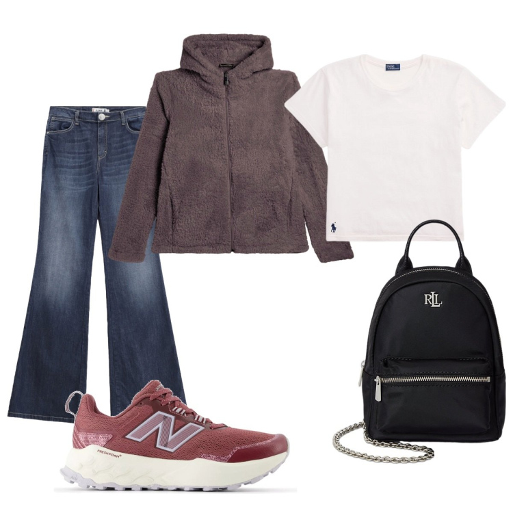 Outfit donna - Rientro a scuola a settembre. Stile Casual chic per Scuola/Università. Abbinamento con sneakers, jeans a zampa, felpe con cappuccio, zaini, t-shirt.