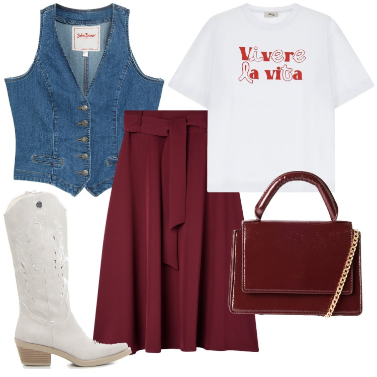 Outfit donna - Gilet & gonna lunga. Stile Boho per Tutti i giorni. Abbinamento con gilet, borse a tracolla, gonne lunghe, t-shirt, stivali.
