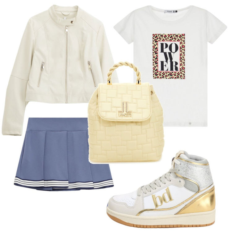 Outfit donna - College. Stile Sporty chic per Tutti i giorni. Abbinamento con t-shirt, minigonne, giacche, sneakers alte, zaini.