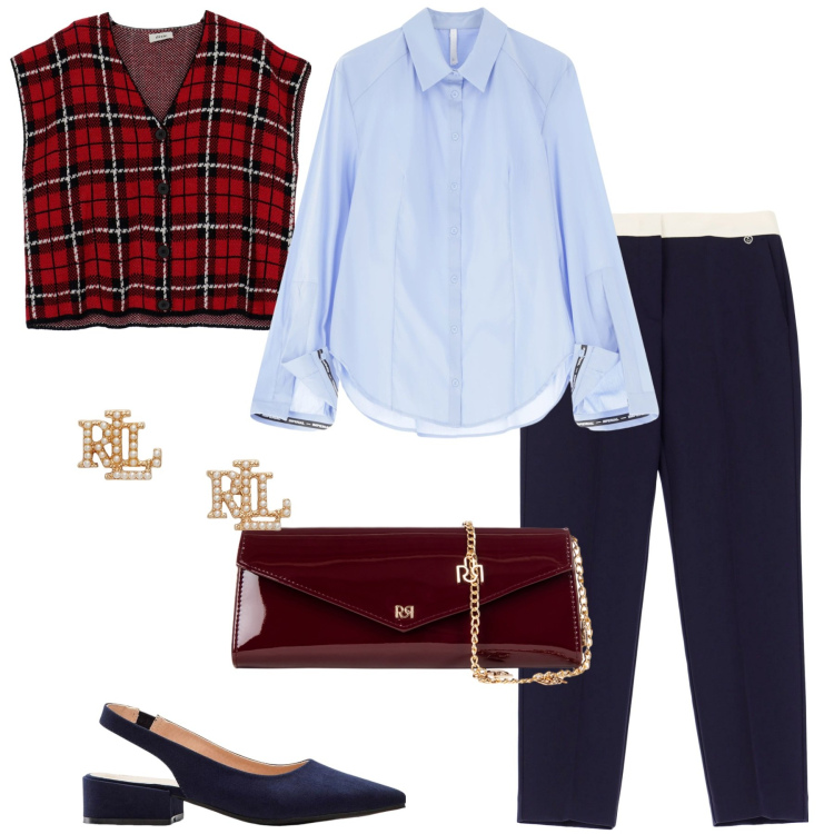 Outfit donna - Il gilet in tartan - curvy. Stile Casual chic per Serata fuori. Abbinamento con décolleté, pochette, pantaloni, camicie, gilet, orecchini.