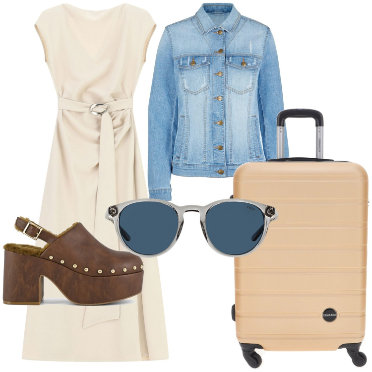 Outfit donna - Vado in ferie a settembre. Stile Casual per Tutti i giorni. Abbinamento con blazer, vestiti lunghi, occhiali da sole, valigie, sabot.