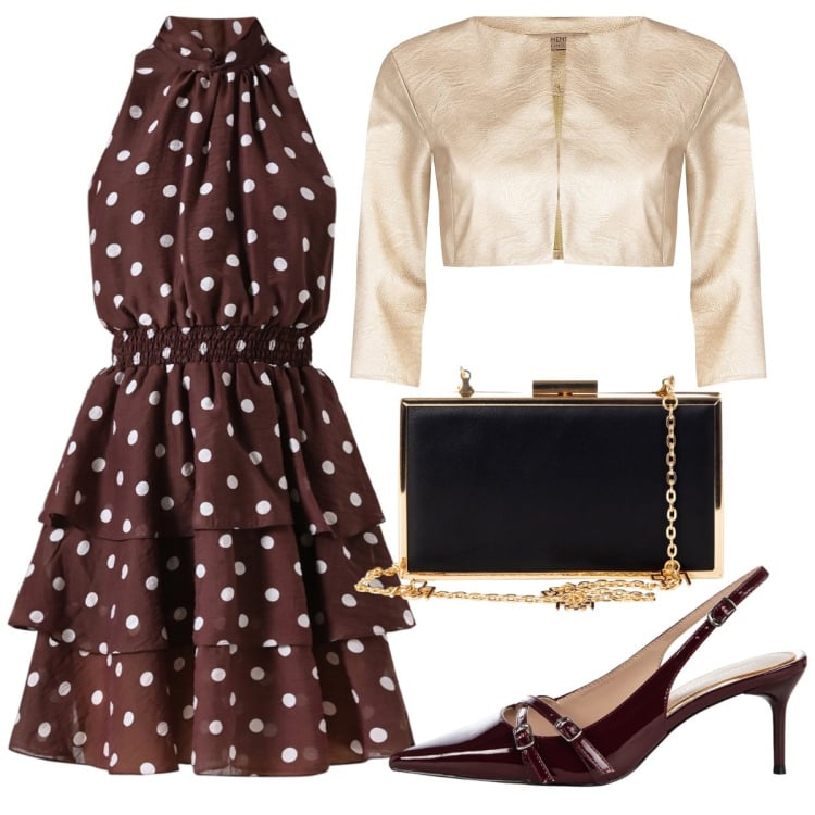Outfit donna - Invito a cena. Stile Chic per Serata fuori. Abbinamento con vestiti senza maniche, bolero, décolleté, pochette.