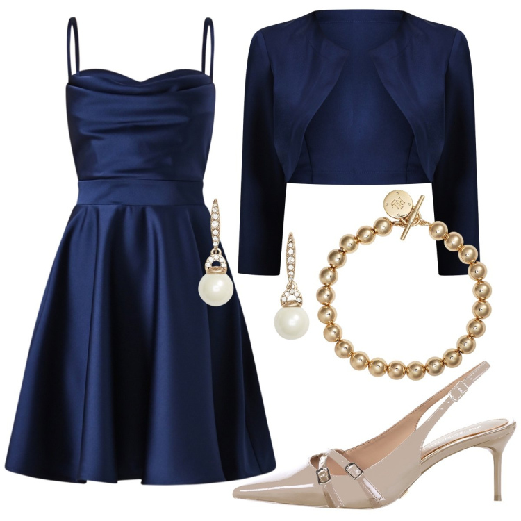 Outfit donna - Matrimonio a settembre. Stile Chic per Cerimonia. Abbinamento con vestiti corti, décolleté, bolero, braccialetti, orecchini.