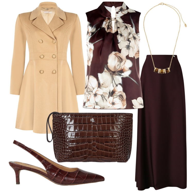 Outfit donna - Raffinata eleganza. Stile Chic per Tutti i giorni. Abbinamento con top, gonne lunghe, cappotti, collane, pochette, décolleté.
