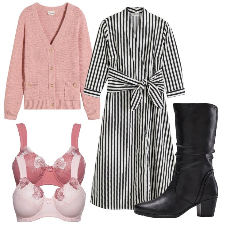 Outfit donna - L’abito midi a righe. Stile Vintage retrò per Tutti i giorni. Abbinamento con reggiseni, vestiti midi/longuette, stivali, cardigans.