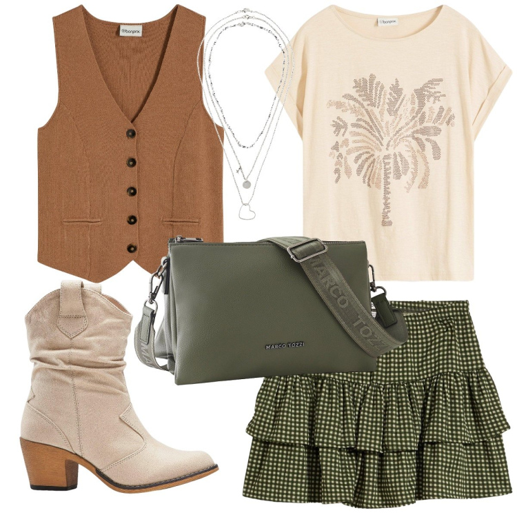 Outfit donna - Etnico autunnale. Stile Etnico per Tutti i giorni. Abbinamento con stivaletti texani, collane, t-shirt, gonne, borse a tracolla, maglieria.