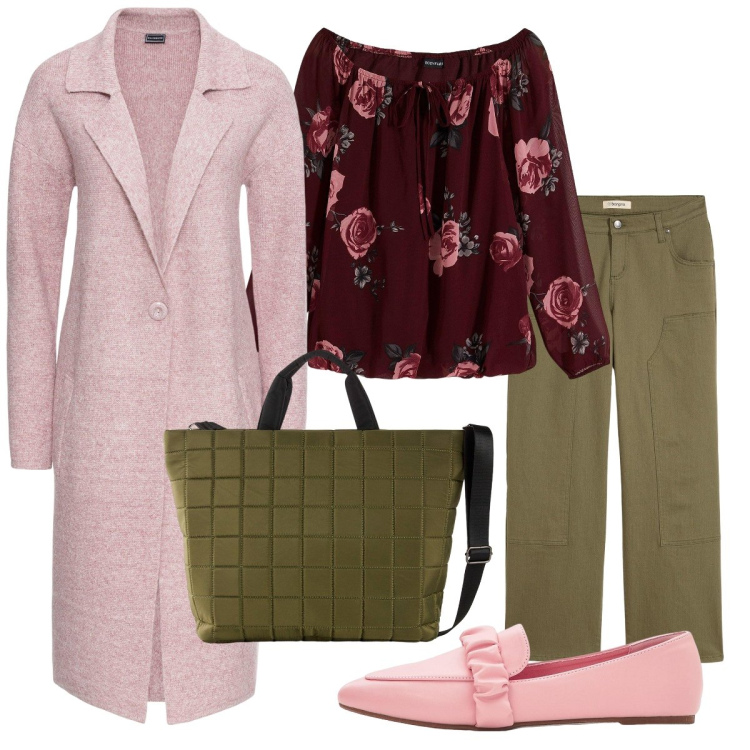 Outfit donna - Il cappotto in maglia. Stile Romantica per Tutti i giorni. Abbinamento con cappotti, pantaloni, mocassini, shopping bag, bluse.