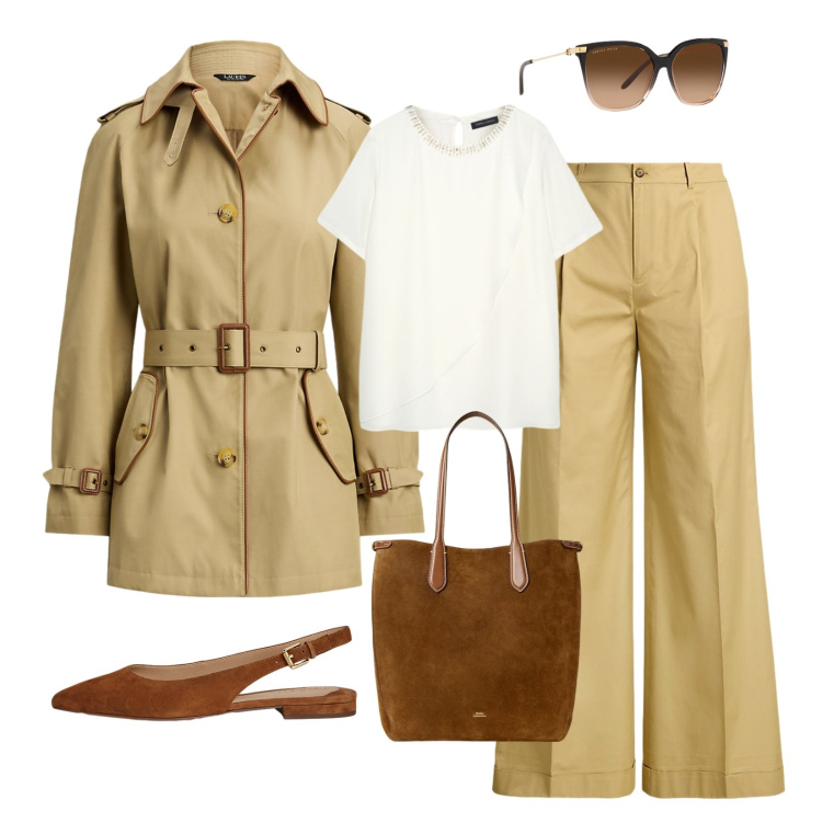 Outfit donna - Pantalone palazzo!. Stile Casual chic per Tutti i giorni. Abbinamento con pantaloni, trench, occhiali da sole, borse tote, ballerine, t-shirt.