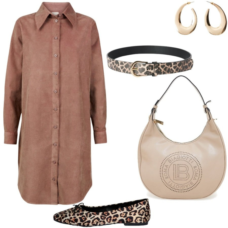 Outfit donna - Accenti animalier. Stile Casual chic per Tutti i giorni. Abbinamento con orecchini, cinture, ballerine, borse a spalla, vestiti chemisier.