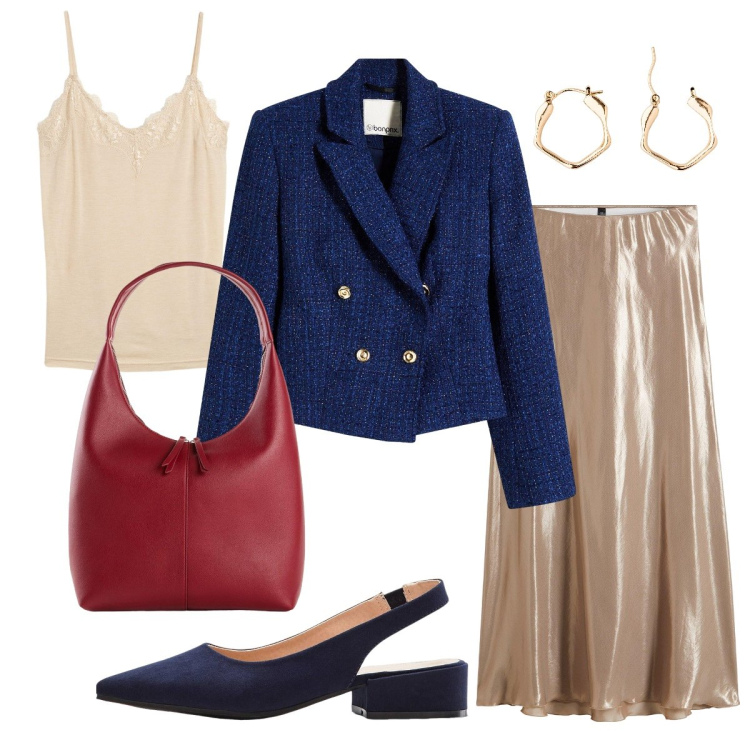 Outfit donna - Il blazer corto. Stile Bon Ton per Serata fuori. Abbinamento con blazer, shopping bag, top, gonne longuette, décolleté, orecchini.