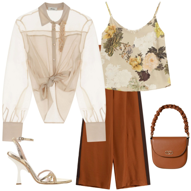 Outfit donna - 1 settembre. Stile Casual chic per Serata fuori. Abbinamento con borse a mano, top, camicie, sandali col tacco, pantaloni a palazzo.