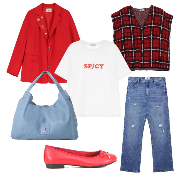 Outfit donna - Il gilet a quadri. Stile Bon Ton per Tutti i giorni. Abbinamento con jeans strappati, pochette, blazer, gilet, t-shirt, ballerine.