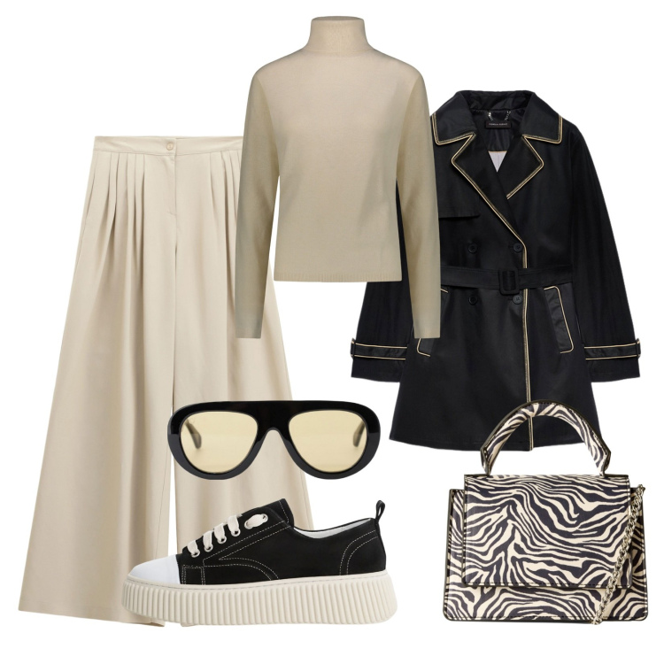 Outfit donna - Minimal chic. Stile Minimal per Tutti i giorni. Abbinamento con borse a tracolla, pantaloni a palazzo, sneakers, occhiali da sole, trench, pullovers.
